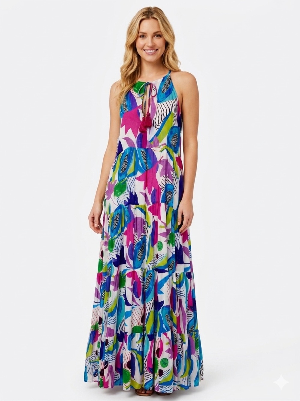 Oliphant Tiered Halter Maxi Dress Papaya Botanical Print Tassels Cotton Silk XS